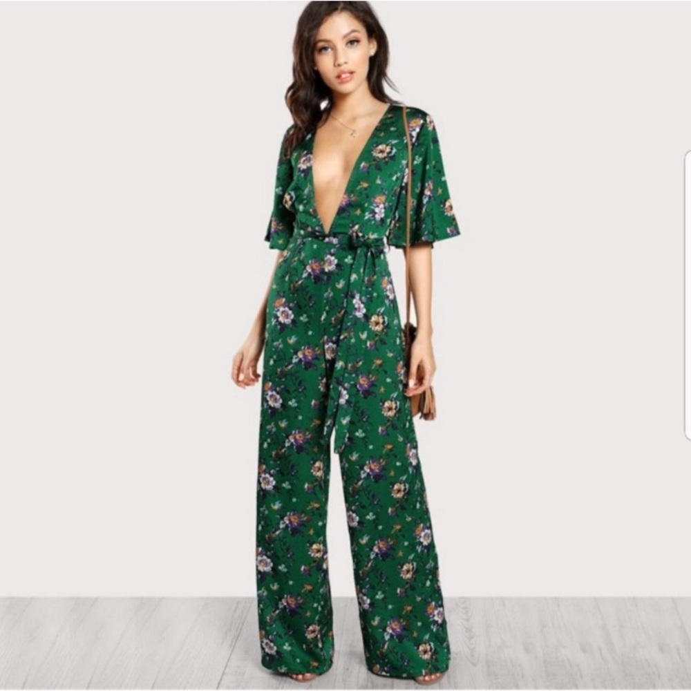 Jumpsuit size small, green satin floral, belted